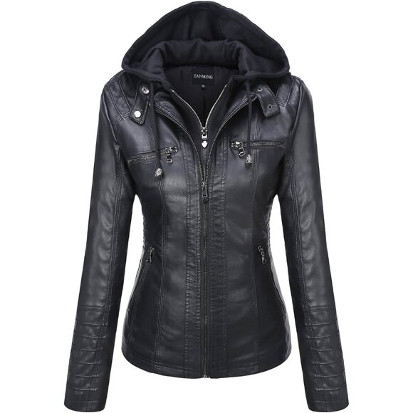 Womens Faux Leather Jacket Hooded Moto Biker Coat Outerwear Fall Fashion Outfits - Picture 1 of 7